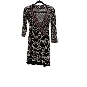 White House Black Market XS Faux Wrap Dress Black White Scroll Print 3/4 Sleeve